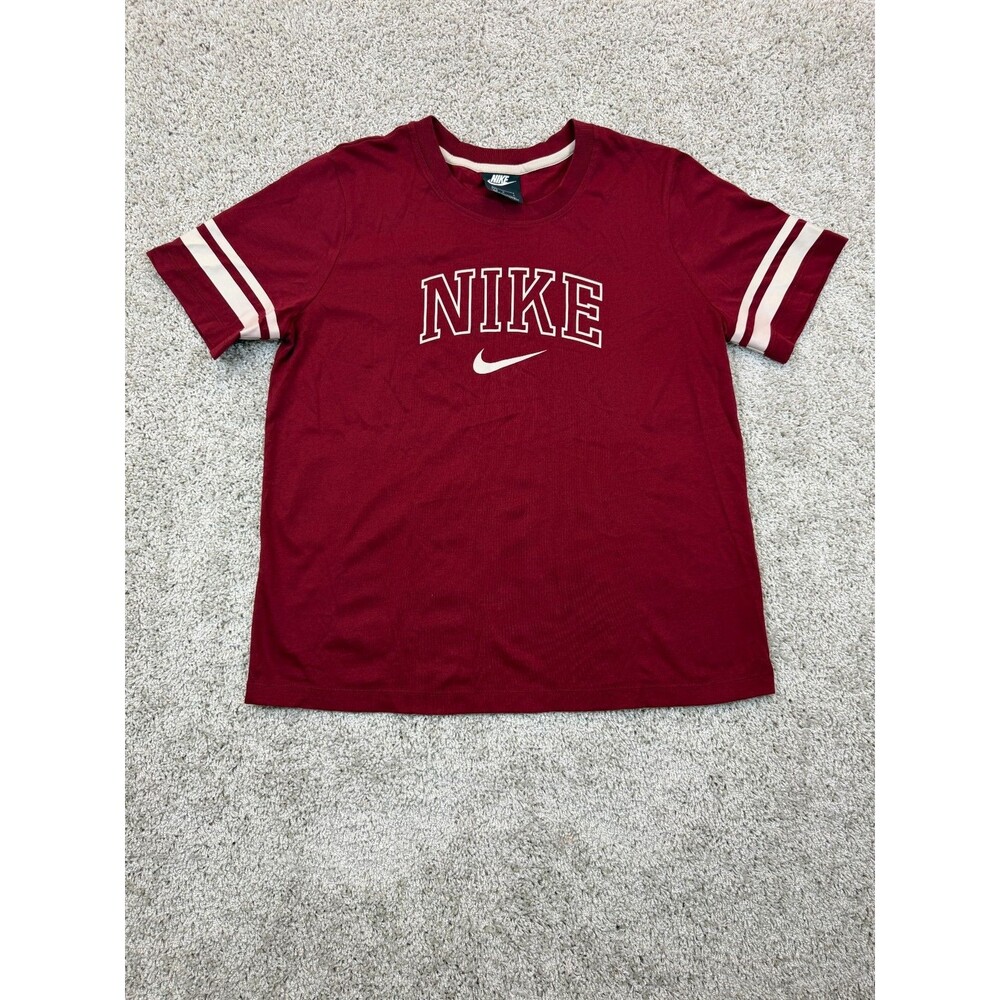 Nike Mens Large Burgundy Varsity T Shirt Swoosh Logo Sleeve Stripes Cotton Tee